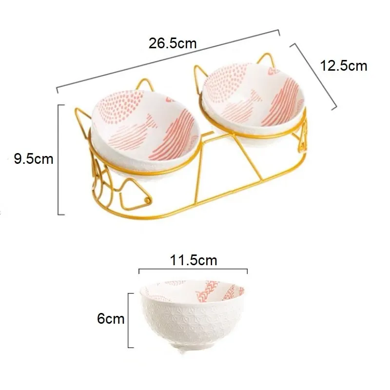 Cute Tilted Ceramic Dual Cat Bowl with Stand