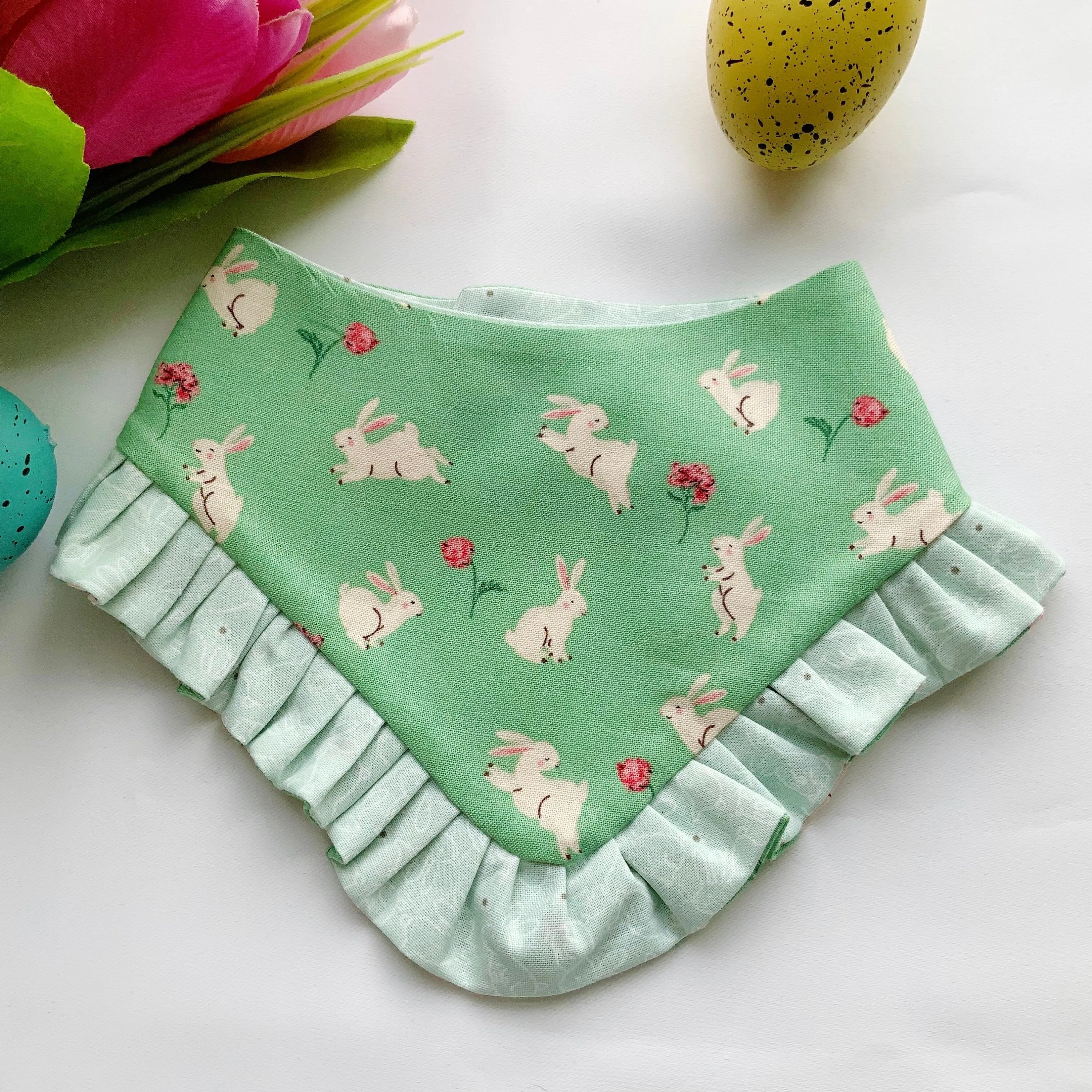 Easter Dog bandana with ruffles, Tiny bunnies