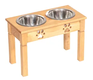 "TABLE TOP" DOG FEEDER - Finished Pine Wood with Paw Print Bowls