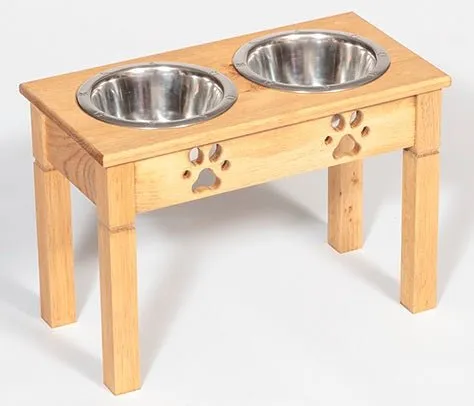 "TABLE TOP" DOG FEEDER - Finished Pine Wood with Paw Print Bowls