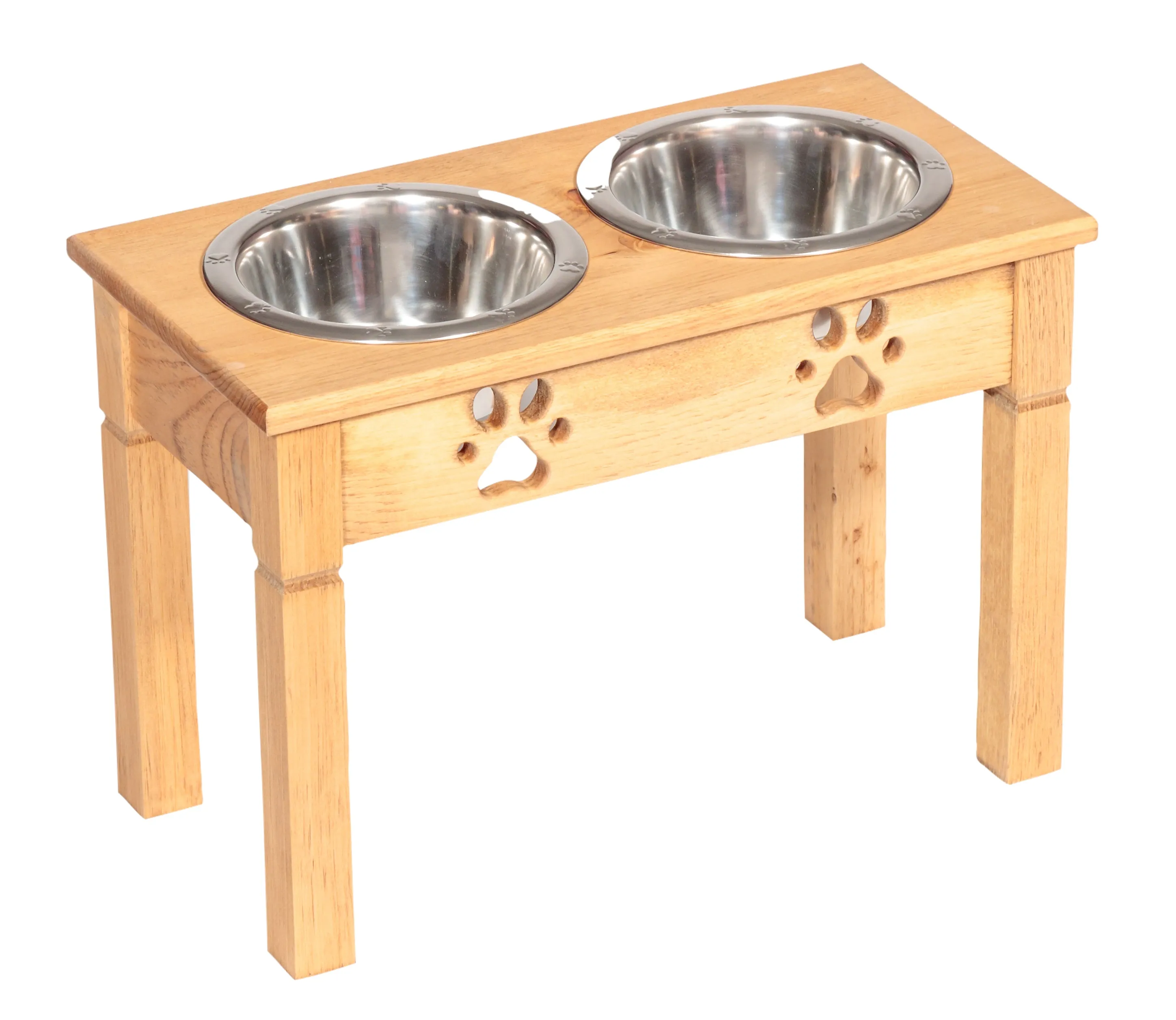 "TABLE TOP" DOG FEEDER - Finished Pine Wood with Paw Print Bowls