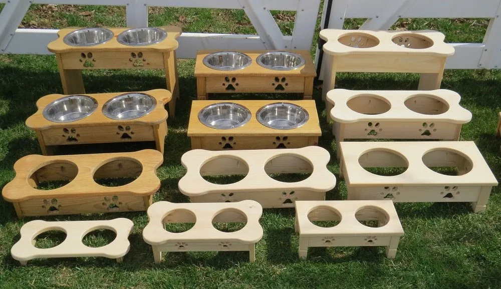"TABLE TOP" DOG FEEDER - Finished Pine Wood with Paw Print Bowls