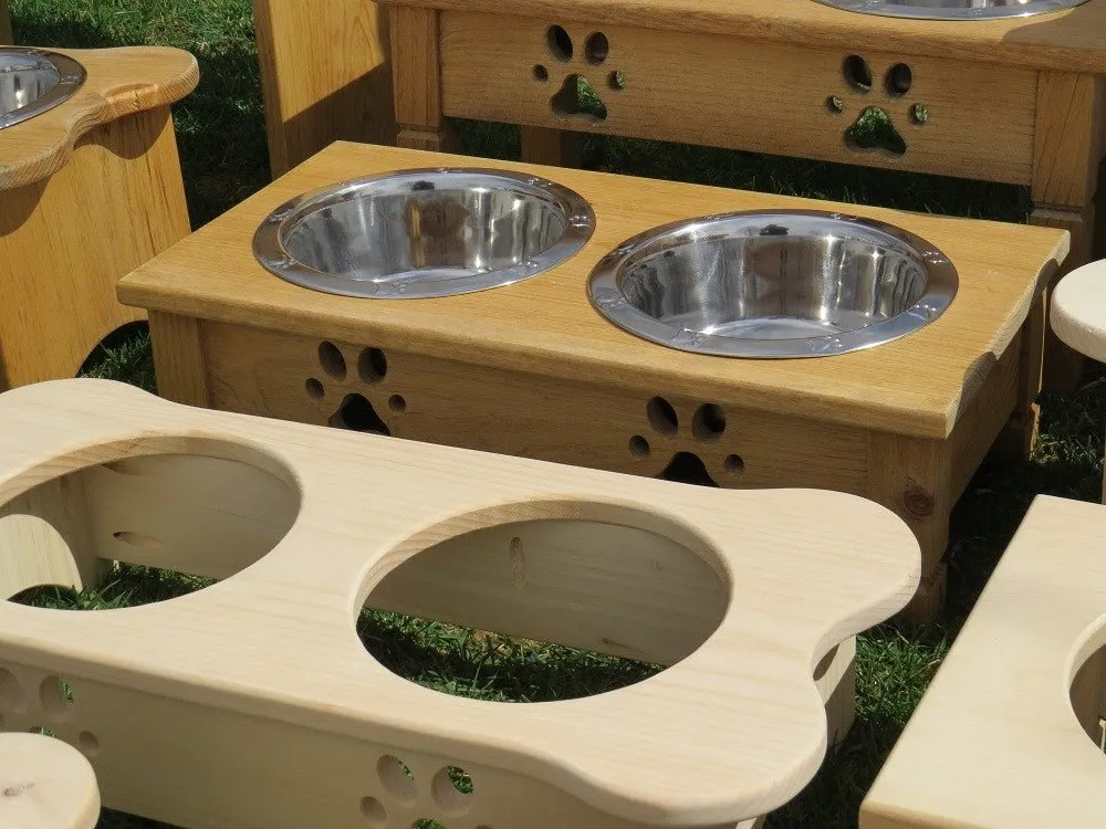 "TABLE TOP" DOG FEEDER - Finished Pine Wood with Paw Print Bowls