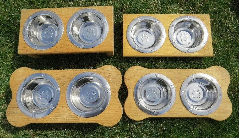 "TABLE TOP" DOG FEEDER - Finished Pine Wood with Paw Print Bowls