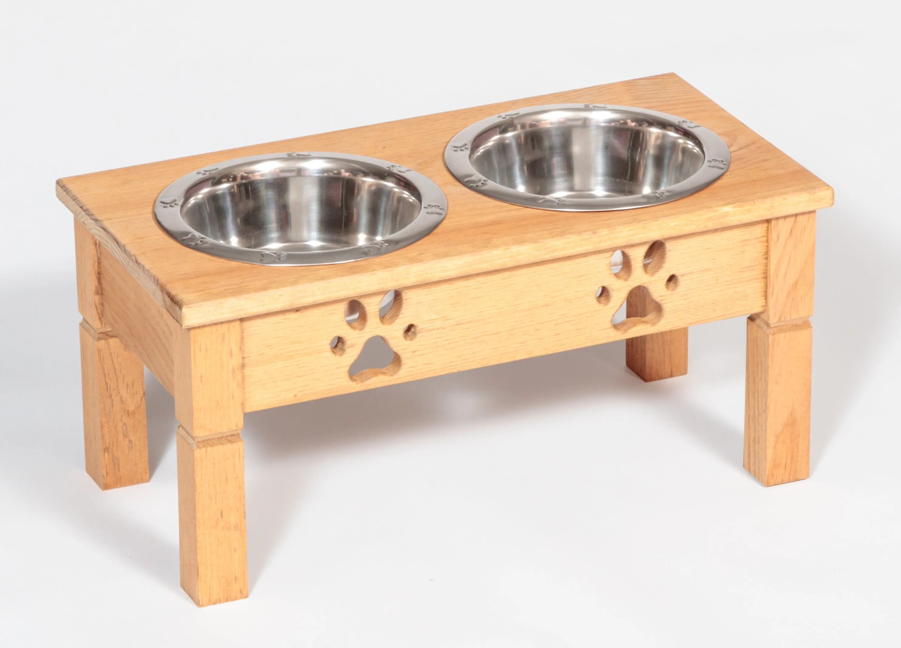 "TABLE TOP" DOG FEEDER - Finished Pine Wood with Paw Print Bowls