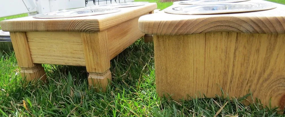 "TABLE TOP" DOG FEEDER - Finished Pine Wood with Paw Print Bowls