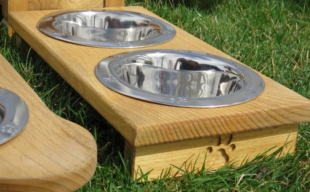 "TABLE TOP" DOG FEEDER - Finished Pine Wood with Paw Print Bowls