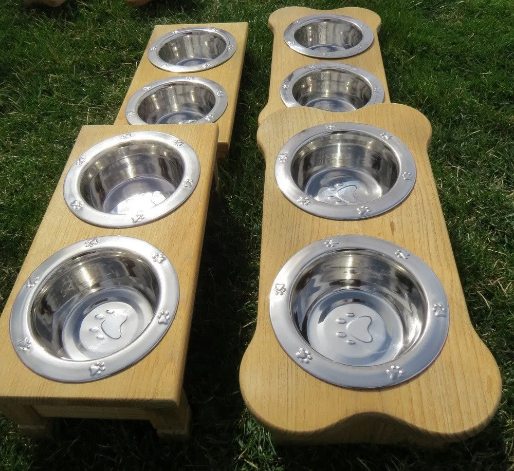 "TABLE TOP" DOG FEEDER - Finished Pine Wood with Paw Print Bowls