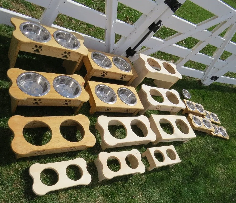 "TABLE TOP" DOG FEEDER - Finished Pine Wood with Paw Print Bowls
